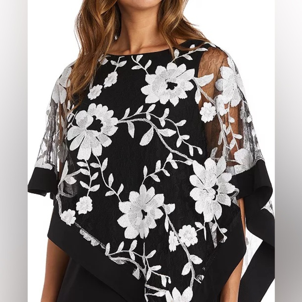 R&M Richards Petite Floral Embroidered Lace Poncho Dress Black/White 8P NWT